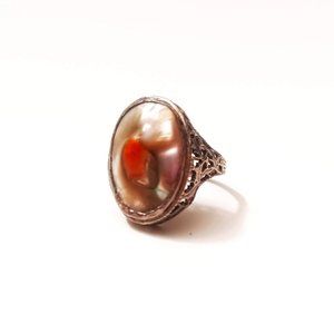 Sterling Silver Antique Victorian Mother of Pearl Filigree Ring